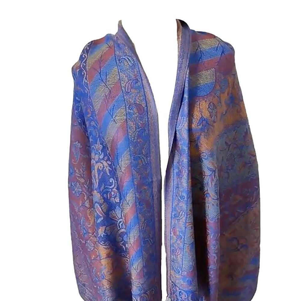 Multicolor Paisley Pashmina Shawl with Fringes, Long Scarf Royal Blue